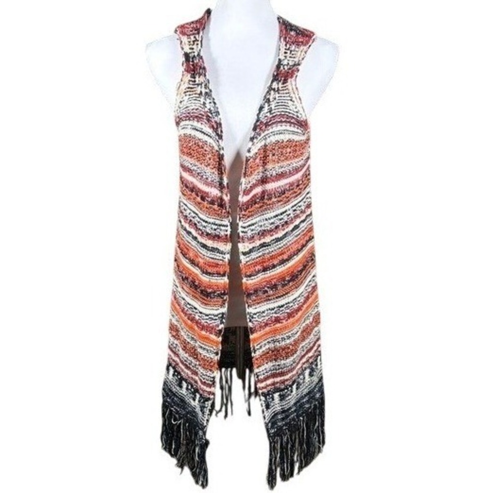 Ethereal by Crane Womens Orange Black Striped Fringe Longline Knit Vest Medium
